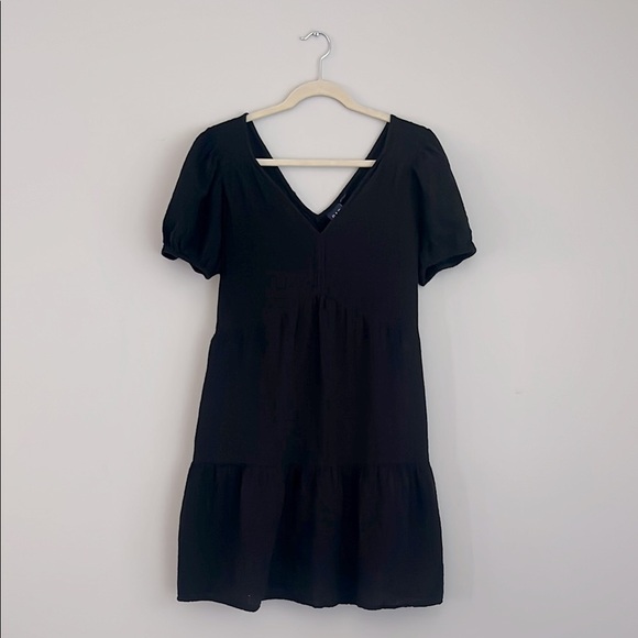 GAP Black Mini Dress with V-Neck puff sleeve small - Picture 2 of 5